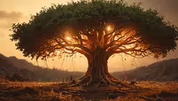 a tree with many branches is shown in a field at sunset,a beautiful tree with the sun shining through it