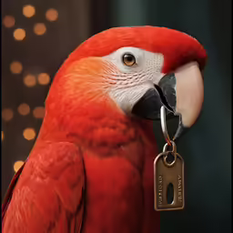 a red parrot is standing with its mouth open