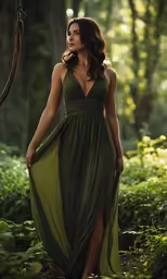a beautiful woman in a long dress standing near trees