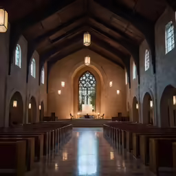 the inside of a church with stone walls and stained glass windows