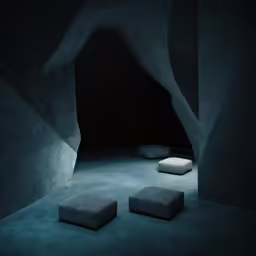 an unusual room is lit by the lights from the windows