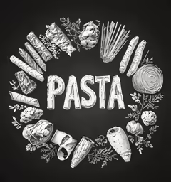 a chalkboard drawing of pasta around the word pasta