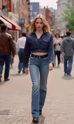 a young girl wearing jeans walking down a street