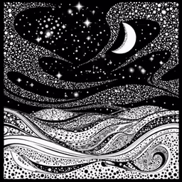 the night sky with stars and a full moon, as well as waves, and the stars are in the background