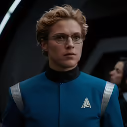 a man wearing a star trek uniform in front of a woman