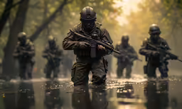 a group of soldiers walk through the rain in uniforms