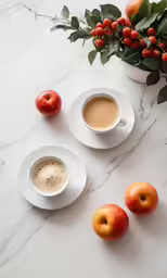 two cups of coffee next to oranges and greenery