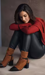 woman wearing leather pants and brown high heeled boots