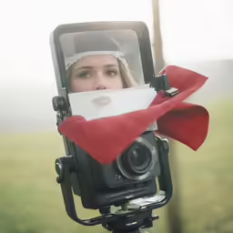 the lady is holding a camera with a flag on it