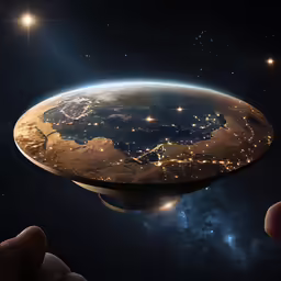 a hand is holding up an earth with lights in the background
