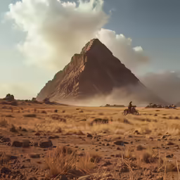 a view of mountains and a rider riding in a landscape