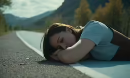 there is a woman that is laying down on the side of the road