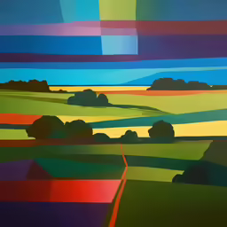 a painting of the countryside in the sunset