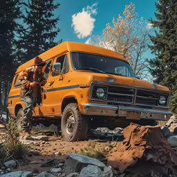 a man wearing a hat leaning out the window of an old orange truck