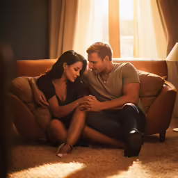 a man and woman sitting together on the floor