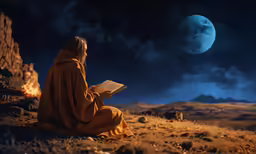 man in robes reading by an open fire and full moon in the sky