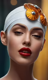 a woman with her hair pulled back with buttons in the middle of the head