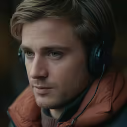 a man with headphones looking away from the camera