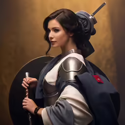 a woman in a helmet and suit is holding a sword