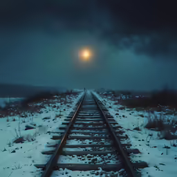 a train track is covered in snow and there is a light on