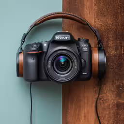 a close up of a camera on a wall