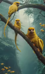 three yellow birds perch together on a branch
