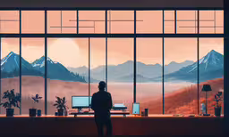 a person looking out the window at mountains through the glass,a man standing next to a window that has mountains in the background