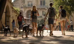 several people are walking their dogs on a sidewalk