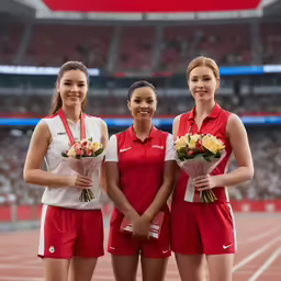 four female athletes standing on a track holding flowers