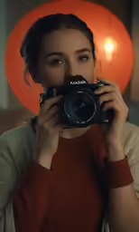 woman taking picture with camera of orange light in the background