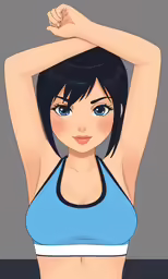 an anime character poses for the camera in a blue top