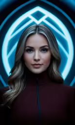a woman in front of the avengers symbol