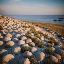 a bunch of rocks near a body of water