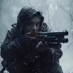 a young person with a gun in her hands