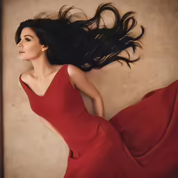 an attractive woman with long hair wearing a red dress