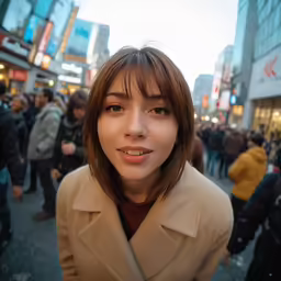 a lady with a light brown coat looking at the camera
