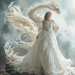 a woman with a white dragon in her dress