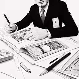a man wearing glasses is sitting at a desk with paper and pens