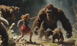 a woman is running with several fake animals