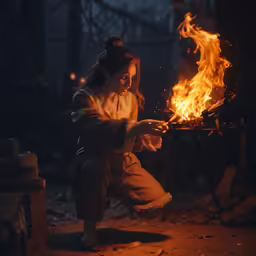 a girl holding a fire pot while sitting by a fire