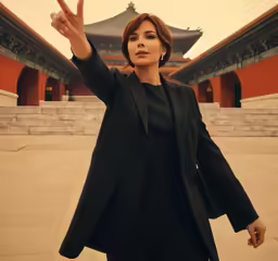 woman posing in front of chinese building with her hand up