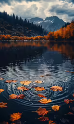 orange leaves floating on the water with mountains in the background