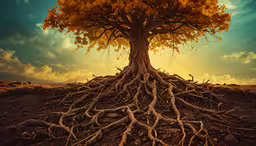 a tree with its roots exposed in the ground,a tree with many branches on top of it