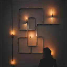 a woman looking down at a light that is hanging from the wall