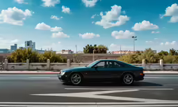a black car driving across a street next to tall buildings