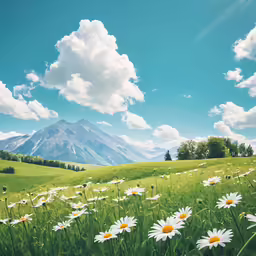 many daisies are growing near an alpine mountain range