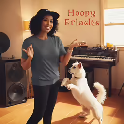 woman stands with white dog in front of a piano