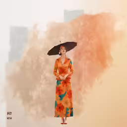 a woman in a bright floral dress holds an umbrella
