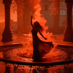 a woman wearing a white dress standing in a fountain