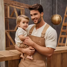 a man holding a young child on his chest
